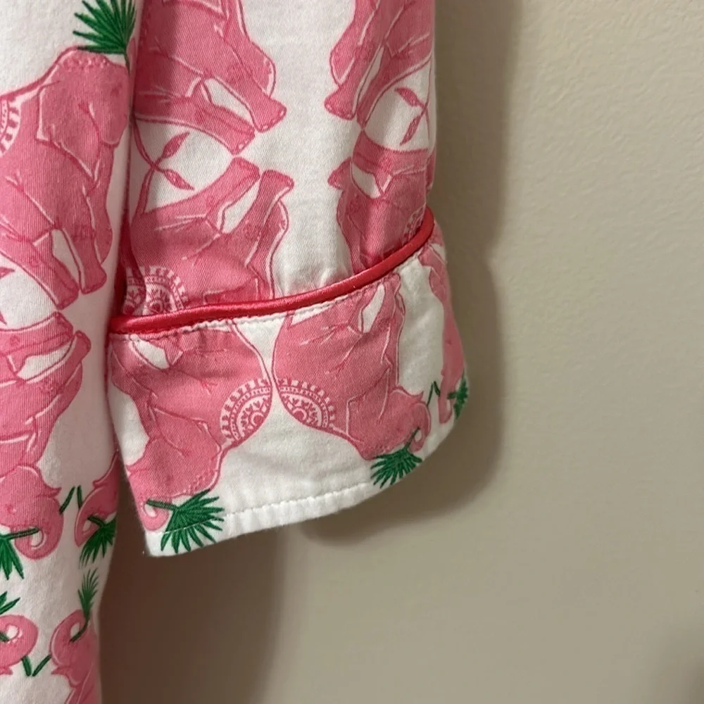 Jaye’s Studio Button Front Sleep Shirt Pink, White&Green Elephant Print Sz Small